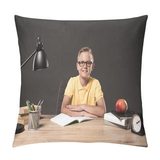 Personality  Smiling Schoolboy In Eyeglasses With Folded Arms Sitting At Table With Books, Plant, Lamp, Colour Pencils, Apple, Clock And Textbook On Grey Background  Pillow Covers