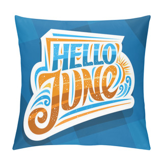 Personality  Vector Lettering Hello June, Decorative Cut Paper Badge With Curly Calligraphic Font, Illustration Of Art Design Waves, Summer Time Concept With Swirly Hand Written Words Hello June On Blue Background Pillow Covers