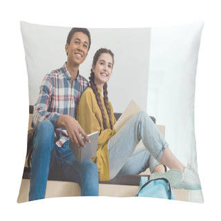 Personality  Happy High School Students Couple Doing Homework At School Corridor Together Pillow Covers