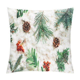 Personality  Flat Lay With Winter Arrangement Of Pine Tree Branches, Cones And Sea Buckthorn On White Cotton Wool Backdrop Pillow Covers