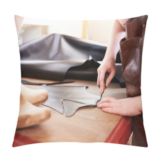 Personality  Shoemaker Cutting Leather In A Workshop Pillow Covers