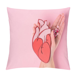 Personality  Cropped Image Of Woman Holding Anatomical Human Heart And Various Pills On Pink  Pillow Covers