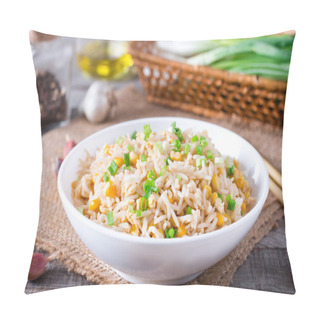Personality  Bowl Of Fried Rice, Corn And Egg On A Wooden Background. Healthy And Light. Pillow Covers