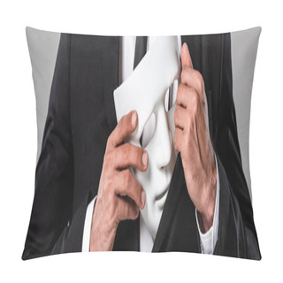 Personality  Cropped View Of Businessman In Black Suit Holding White Mask Isolated On Grey, Panoramic Shot Pillow Covers