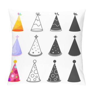Personality  Holiday Party Cone Cap Hat Triangle Flat Line Glyph Silhouette Set. Editable Stroke Outline Sticker Colorful Party Headdress Cartoon Yellow Purple Wizard Star Magic Red Clown In Dot Fringe Isolated Pillow Covers