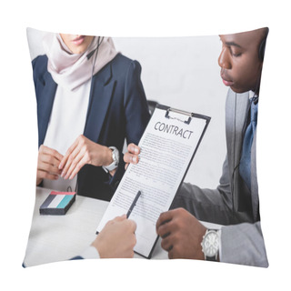 Personality  Cropped View Of Interpreter Pointing With Pen At Contract Near African American And Arabian Business Partners Pillow Covers