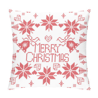 Personality  Merry Xmas Scandinavian Style Nordic Winter Stitch, Knitting Seamless Pattern In The Square Shape Including Snowflakes, Trees, Hearts, Decorative Elements In In Red Tile Pillow Covers
