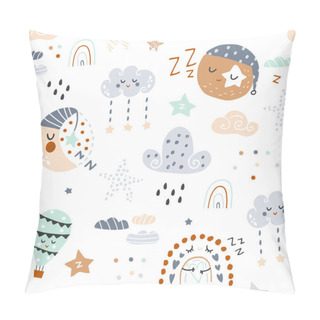 Personality  Seamless Childish Pattern With Sleeping Moon, Planets, Rainbow, Stars. Vector Illustration Pillow Covers