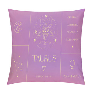 Personality  Taurus Gold Zodiac Sign Design Illustrations. Esoteric Vector Element, Icon Pillow Covers