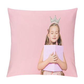 Personality  Smiling Little Girl With Closed Eyes In Crown Holding Book Isolated On Pink Pillow Covers