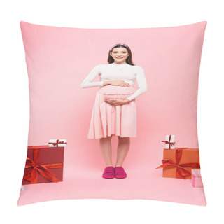 Personality  Smiling Young Pretty Pregnant Woman With Presents Isolated On Pink Pillow Covers