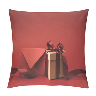 Personality  Close Up View Of Empty Envelope And Present With Ribbon Isolated On Red Pillow Covers