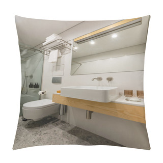 Personality  Interior Of Modern Bathroom With White Clean Glasses Near Sink Pillow Covers