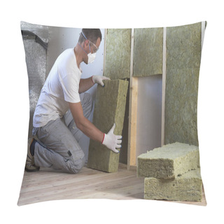 Personality  Worker In Protective Goggles And Respirator Insulating Rock Wool Insulation In Wooden Frame For Future House Walls For Cold Barrier. Comfortable Warm Home, Economy, Construction And Renovation Concept Pillow Covers