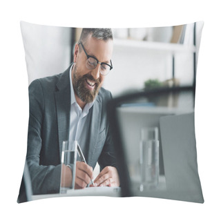 Personality  Handsome Businessman In Formal Wear And Glasses Writing With Pen In Office  Pillow Covers