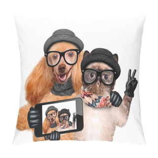 Personality  Dog With Cat Taking A Selfie Together With A Smartphone. Pillow Covers