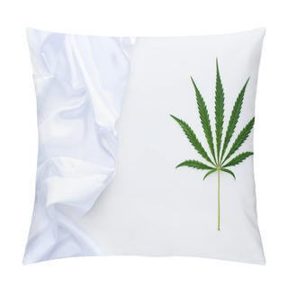 Personality  Top View Of Green Cannabis Leaf Near White Flag On White Background Pillow Covers