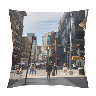 Personality  NEW YORK, USA - NOVEMBER 26, 2022: Pedestrians, Cyclists And Heavy Traffic In Rush Hour On Broadway Pillow Covers