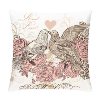 Personality  Fashion Valentine Card With Birds And Roses In Vintage Style Pillow Covers