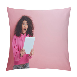 Personality  Shocked Bi-racial Girl Looking At Digital Tablet On Pink Background Pillow Covers
