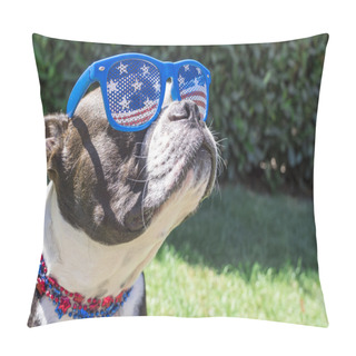 Personality  Cute Boston Terrier Dog Wearing Fourth Of July Stars And Stripes Sunglasses And Necklace Pillow Covers