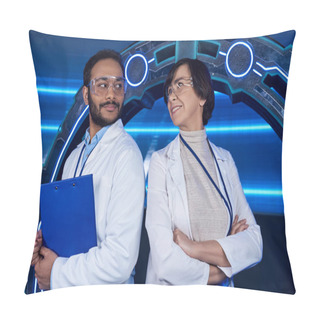 Personality  Innovative Lab, Multiethnic Scientists Smiling At Each Other Near Neon-lit Experimental Device Pillow Covers