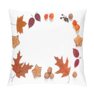 Personality  Autumn Frame Of Fallen Leaves, Cookies, Physalis And Nuts On A White Background, Free Space In The Center, Autumn Layout, Pillow Covers