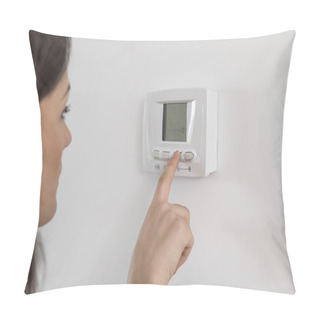 Personality  Beautiful Happy Woman Push Button Digital Thermostat At House Pillow Covers
