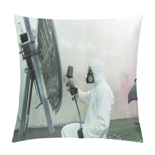 Personality  Side View Of Workman In Respirator Coloring Car Part In Garage  Pillow Covers
