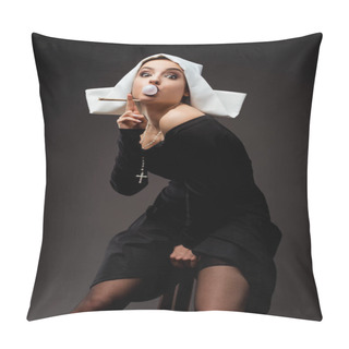 Personality  Attractive Sexy Nun With Bubble Gum Smoking Marijuana Joint On Grey  Pillow Covers