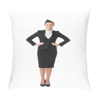 Personality  Smiling Young Stewardess In Uniform Isolated On White Pillow Covers