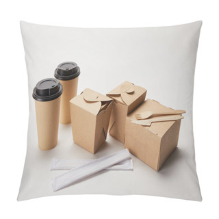 Personality  Disposable Fork With Knife, Chopsticks, Paper Coffee Cups And Cardboard Food Boxes On White Pillow Covers