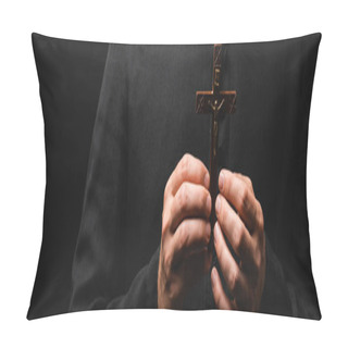 Personality  Panoramic Crop Of Pastor Holding Wooden Cross Isolated On Black  Pillow Covers
