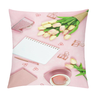 Personality  Feminine Pink Desktop Workspace Blog Header Overhead Flat Lay. Pillow Covers