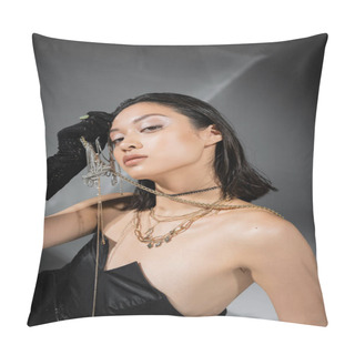 Personality  Stunning Asian Model With Short And Brunette Hair Holding Golden Jewelry In Hand While Posing In Strapless Dress And Black Glove On Grey Background, Everyday Makeup, Wet Hairstyle, Young Woman Pillow Covers