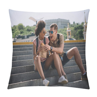 Personality  Young Male Traveler Trying To Eat Girlfriend Croissant On Stairs  Pillow Covers