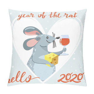 Personality  Merry Christmas And Happy New Year Greeting Card. Cute Mouse With Cheese, Wine And Lettering. Rat Is Chinese Symbol 2020 Year. Pillow Covers