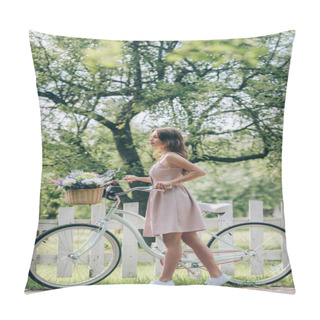 Personality  Side View Of Young Woman In Dress With Retro Bicycle With Wicker Basket Full Of Flowers At Countryside Pillow Covers