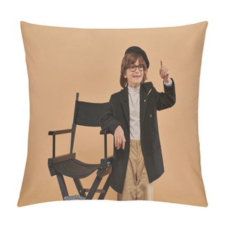 Personality  Cheerful Boy Standing Near Director Chair, With A Smile On Face Showing Idea Sign,  Profession Pillow Covers