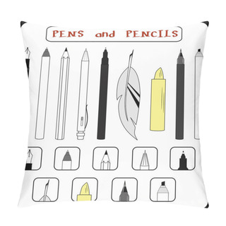 Personality  Vector. Set Of 9 Artist Pens And Pencils. Pencil, Point Pen, Fountain Pen, Ballpoint Pen, Brush Pen, Calligraphy Pen, Rollerball Pen, Marker, Crayon. Isolated Illustration Pillow Covers