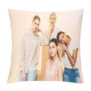 Personality  Beautiful Multicultural Women With Makeup Looking At Camera Isolated On Beige  Pillow Covers