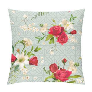 Personality  Vintage Rose And Lily Flowers Background. Spring And Summer Seamless Pattern In Vector Pillow Covers