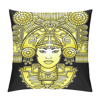 Personality  Pagan Goddess. Motives Of Art Native American Indian. Vector Illustration: Yellow Silhouette Isolated On A Black Background.Gold Imitation. Ethnic Design, Boho Chic. Print, Posters, T-shirt, Textiles. Pillow Covers