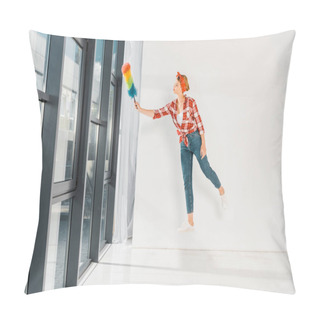 Personality  Floating Girl In Jeans And Plaid Shirt Cleaning Windows With Duster  Pillow Covers