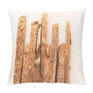 Personality  Top View Of Tasty Whole Wheat Bread Slices On White Background, Panoramic Shot Pillow Covers