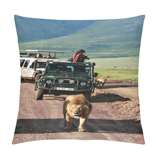 Personality  Jeeps To Tourists, Surrounded By Wild Pride Of African Lions. Pillow Covers