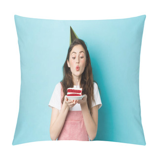 Personality  Holidays And Celebration. Excited Woman Celebrating Birthday, Blowing Candle On Cake, Wearing Party Cake And Having Fun, Standing Over Blue Background Pillow Covers