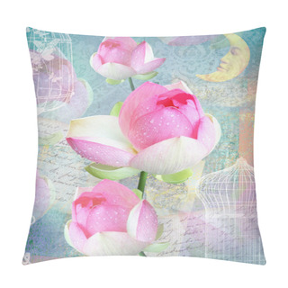 Personality  Postcard Flower. Congratulations Card With Peonies, Cells And Moon. Beautiful Pink Flower. Can Be Used As Greeting Card, Invitation For Wedding, Birthday And Other Holiday Happening. Blue Background. Pillow Covers