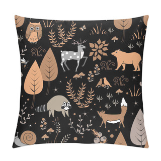 Personality  Cute Forest Seamless Pattern With Raccoon And Other Animals In Childish Cartoon Style. Vector Illustration, Pastel Palette Pillow Covers