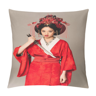 Personality  Asian Woman Holding Sword And Looking At Camera Isolated On Grey  Pillow Covers